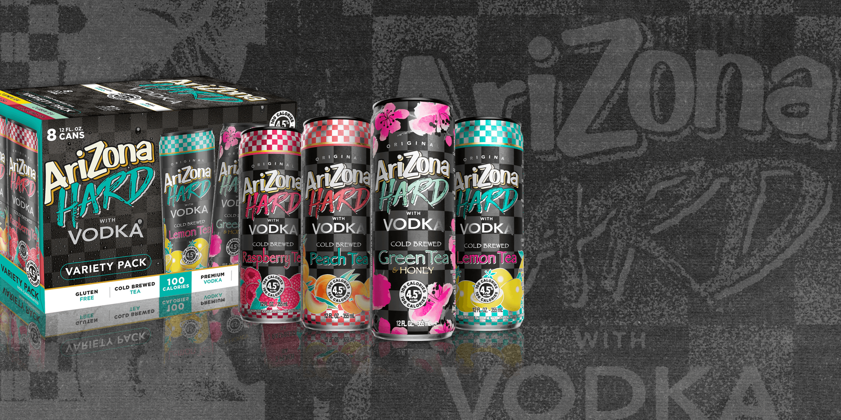 Assorted Arizona Hard Vodka Cans on a dark background with brand logo.