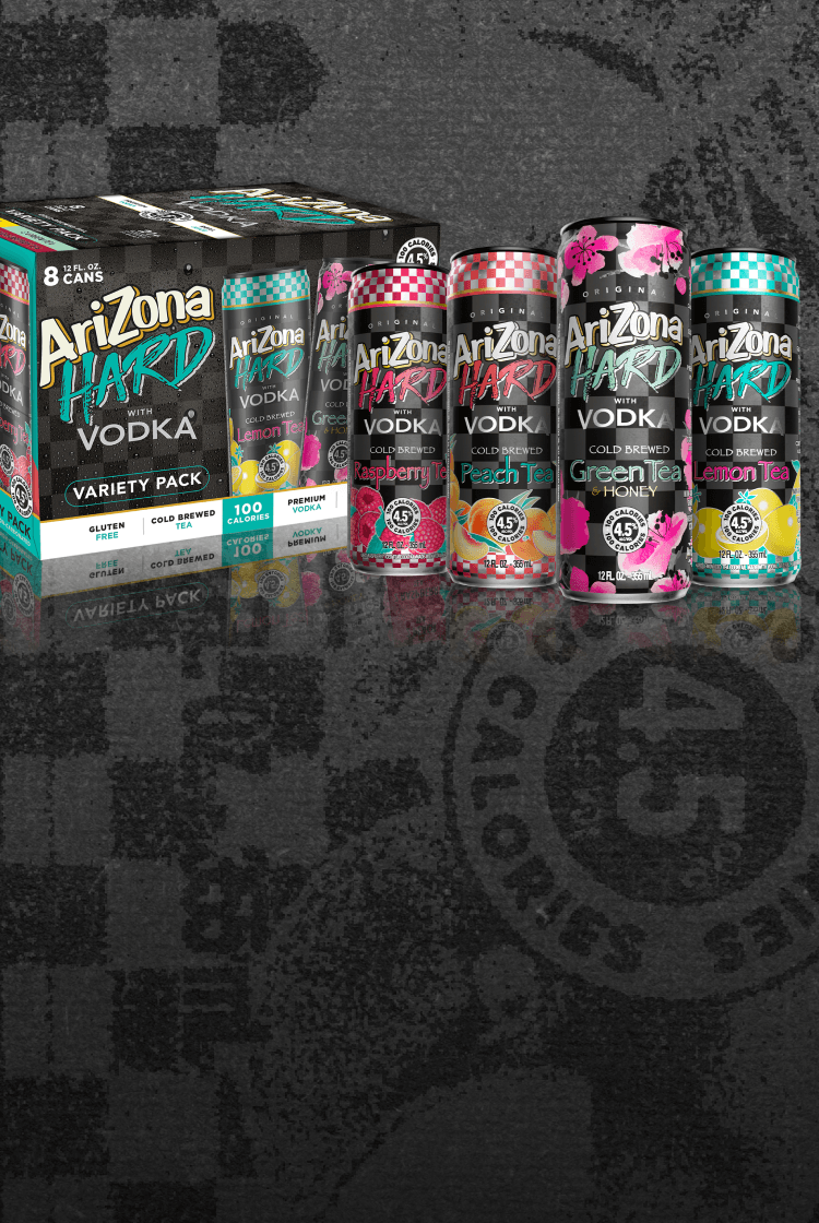 Assorted Arizona Hard Vodka cans and boxes on a dark background