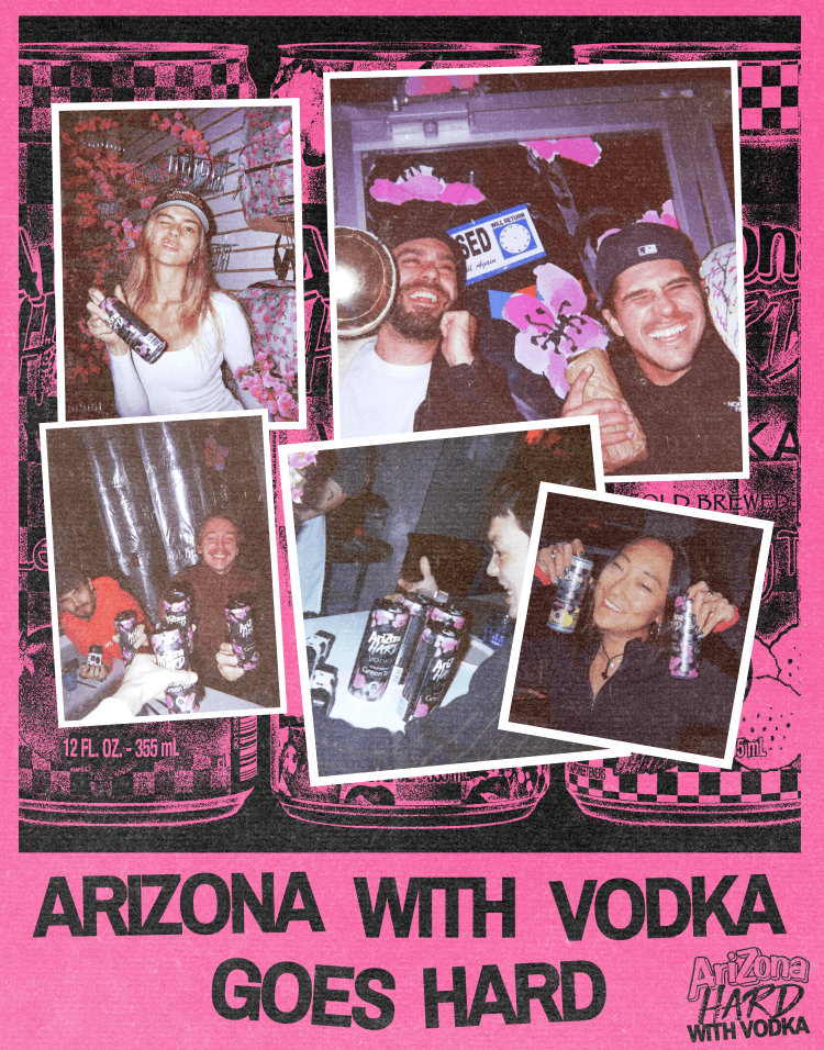 Promotional poster for Arizona with Vodka featuring people in a bar setting. Text says 'Arizona with vodka goes hard'