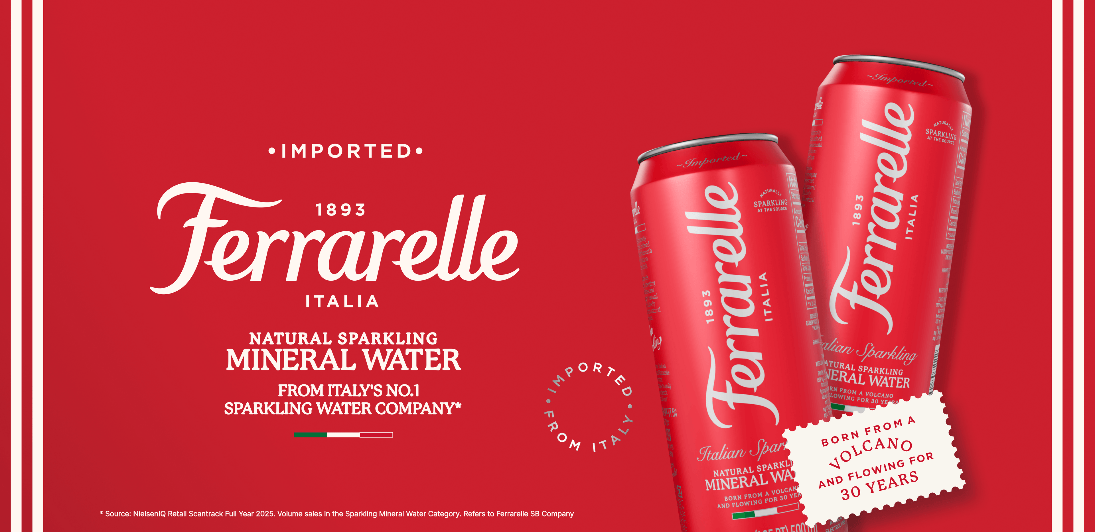 Two red Ferrarelle sparkling mineral water cans on a red background with white text reading 'Imported Ferrarelle Italia' and product details.