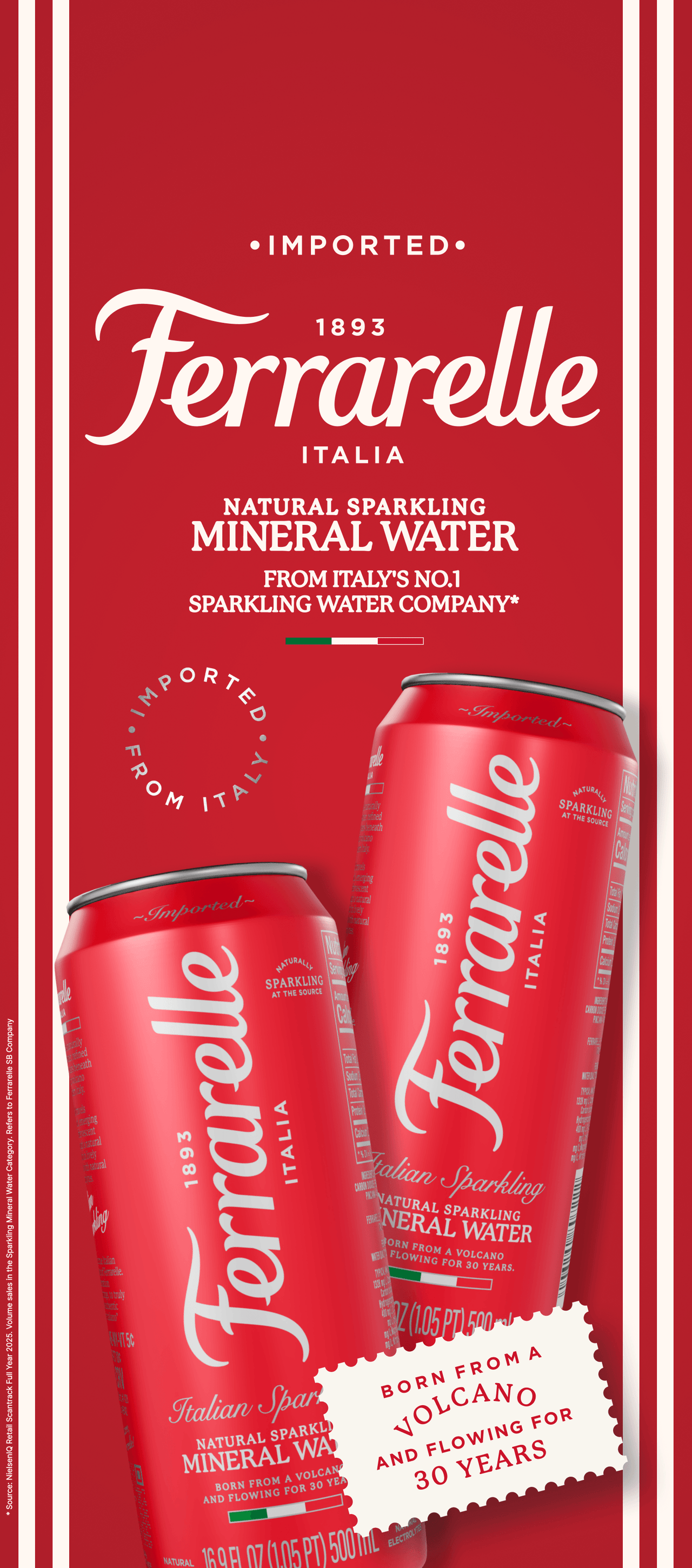 Ferrarelle sparkling mineral water cans on a red background with white text reading 'Imported' and 'Ferrarelle Italia Natural Sparkling Mineral Water.'.
