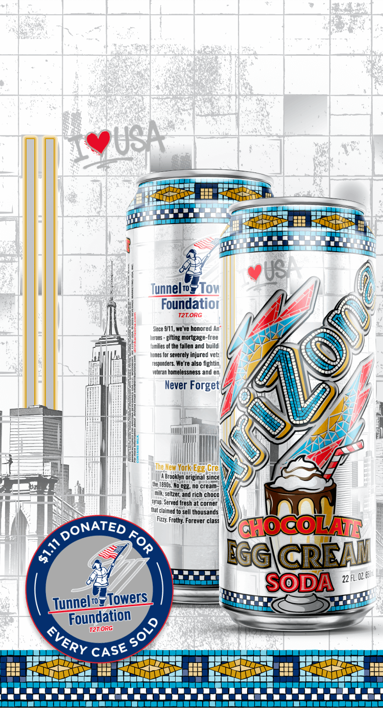 Two cans of chocolate egg cream soda with a cityscape background and Tunnel & Tower Foundation logo.
