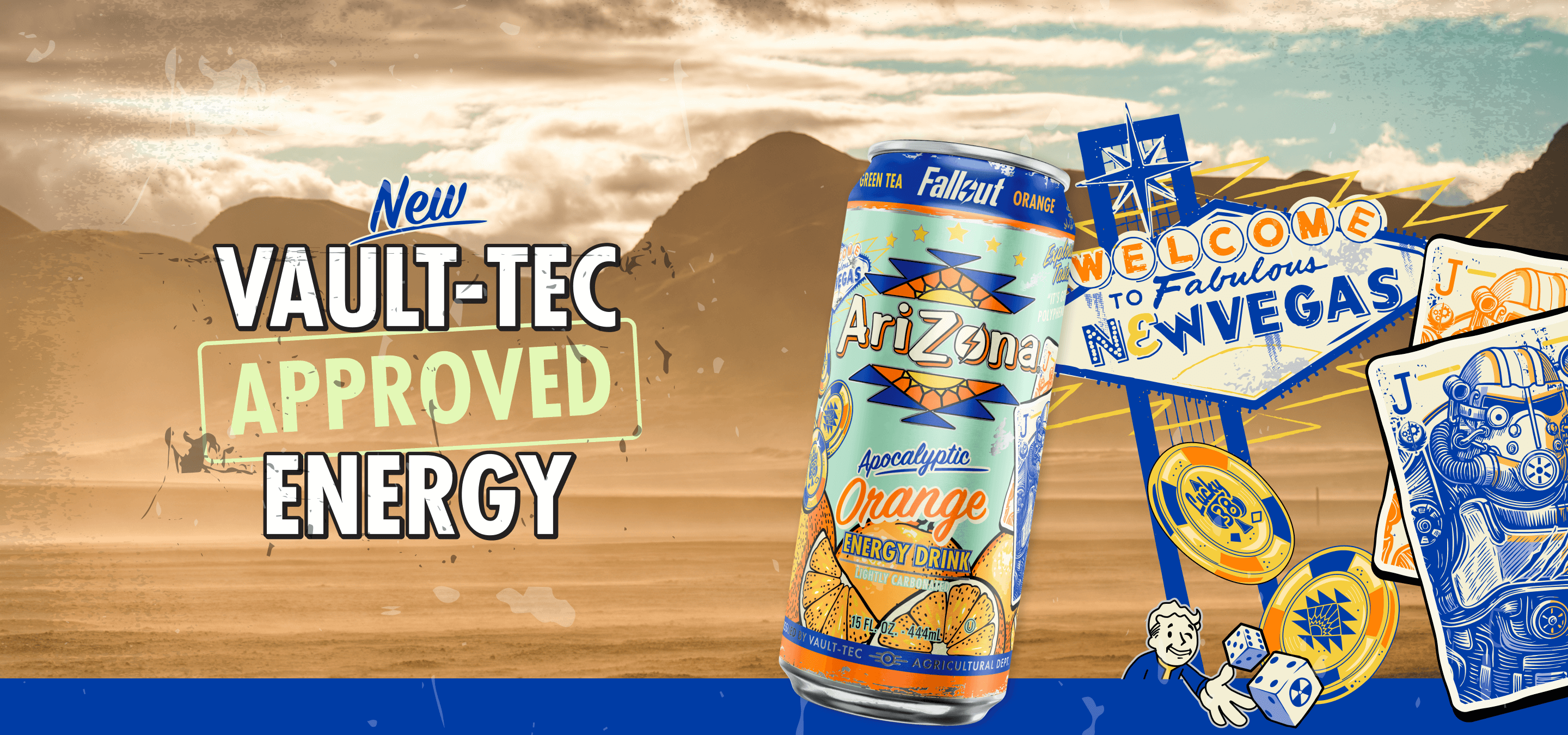 Cans of Arizona Orange soda with 'Vault-Tec Approved Energy' text and 'Fallout' branding against a desert backdrop.