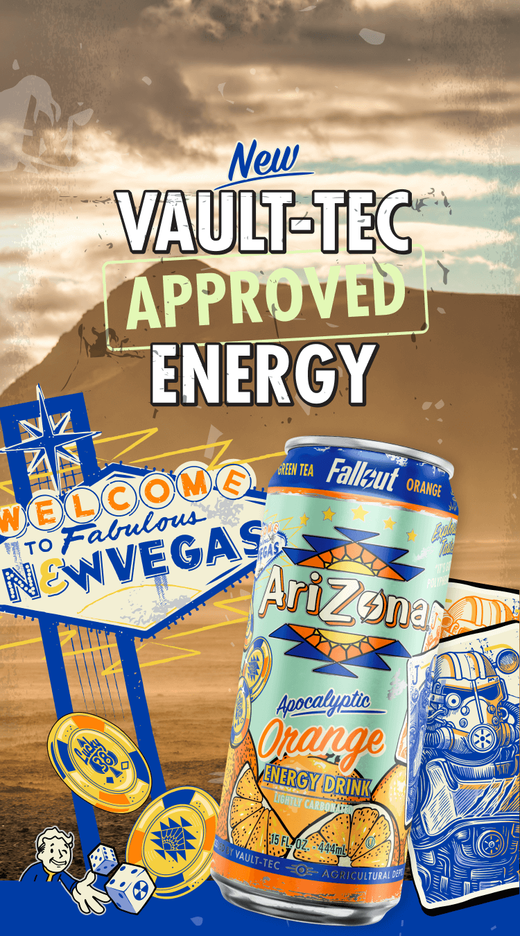 Arizona Orange Energy drink can with Fallout-themed packaging in front of the Las Vegas sign.