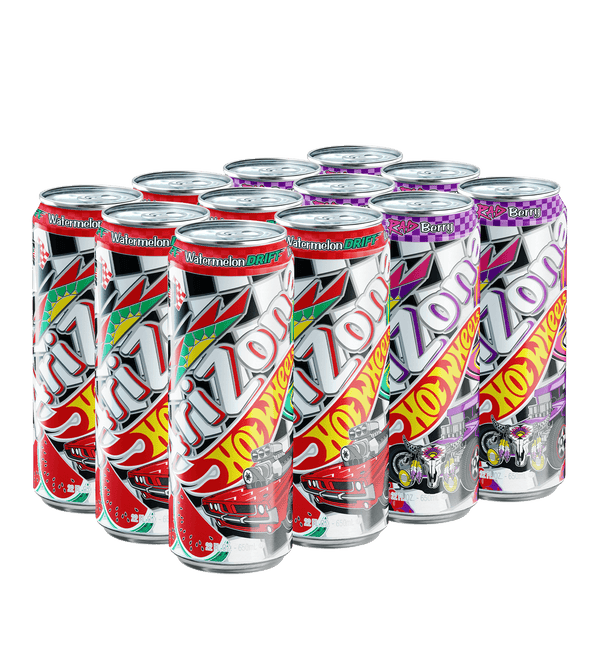 Multiple cans of Arizona Hot Wheels with colorful labels