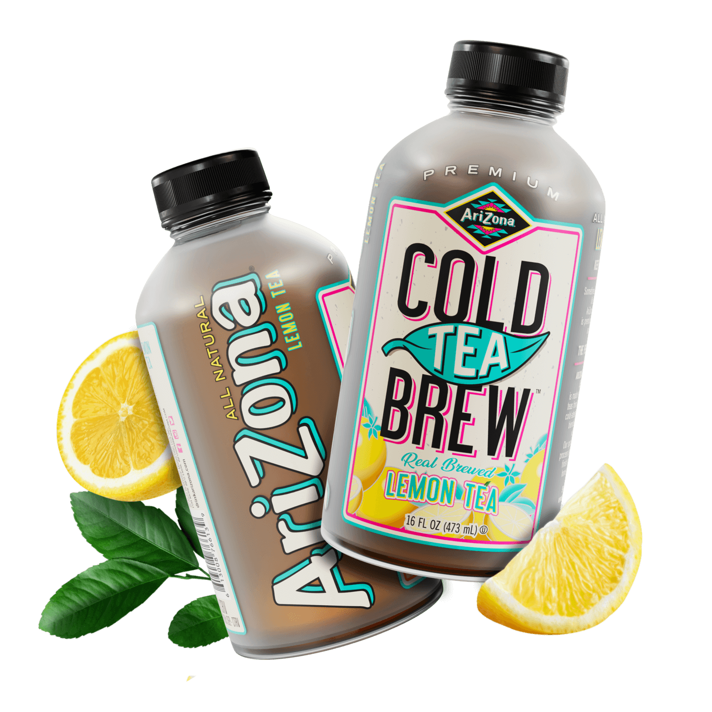 Two bottles of Arizona Cold Tea Brew Lemon Tea with lemon slices and tea leaves 
