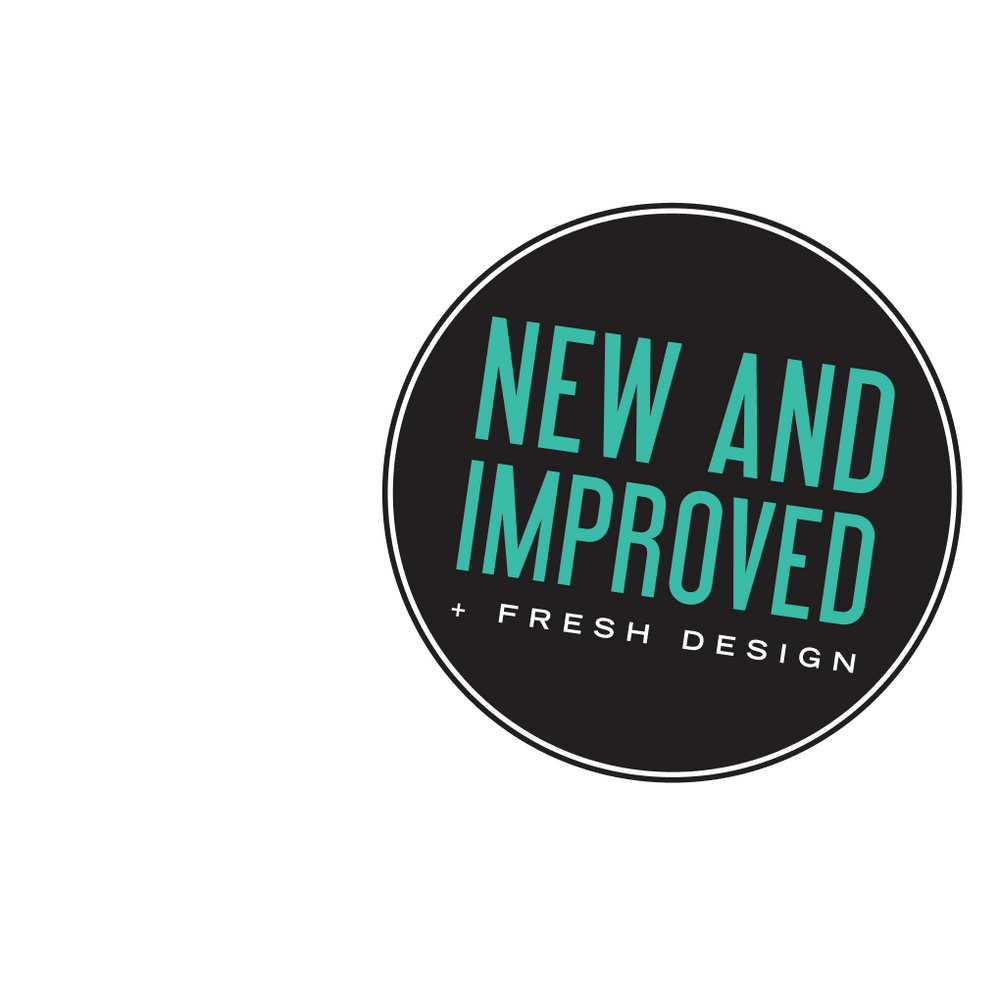 Circular badge with 'New and Improved' text on a black background
