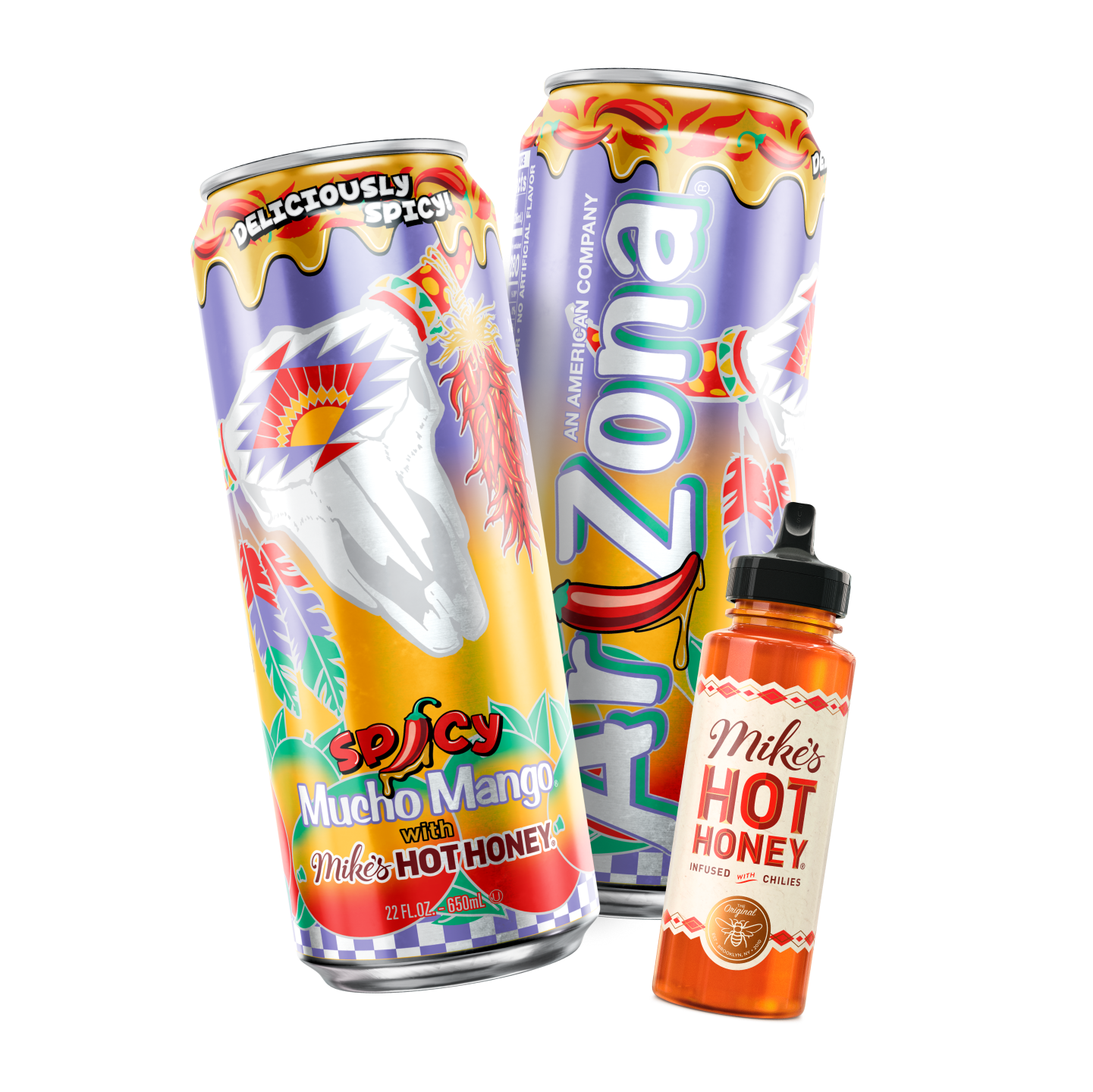 Two cans of Arizona Mucho Mango Mikes Hot Honey tea with a bottle of Mike's Hot Honey on a white background