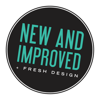 Circular logo with 'New and Improved + Fresh Design' text on a black background