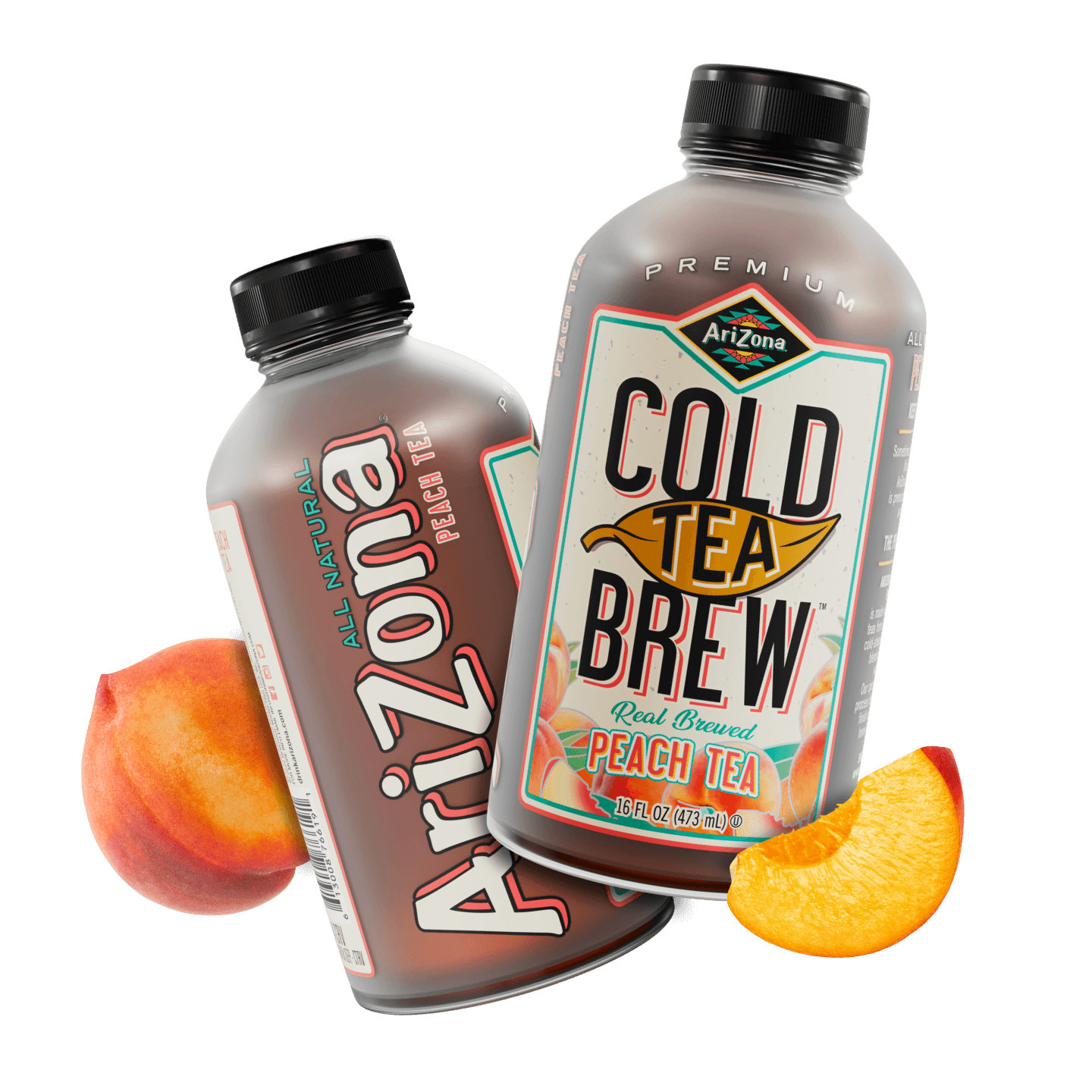 Two bottles of Arizona Cold Tea Brew Peach Tea with peach slices 