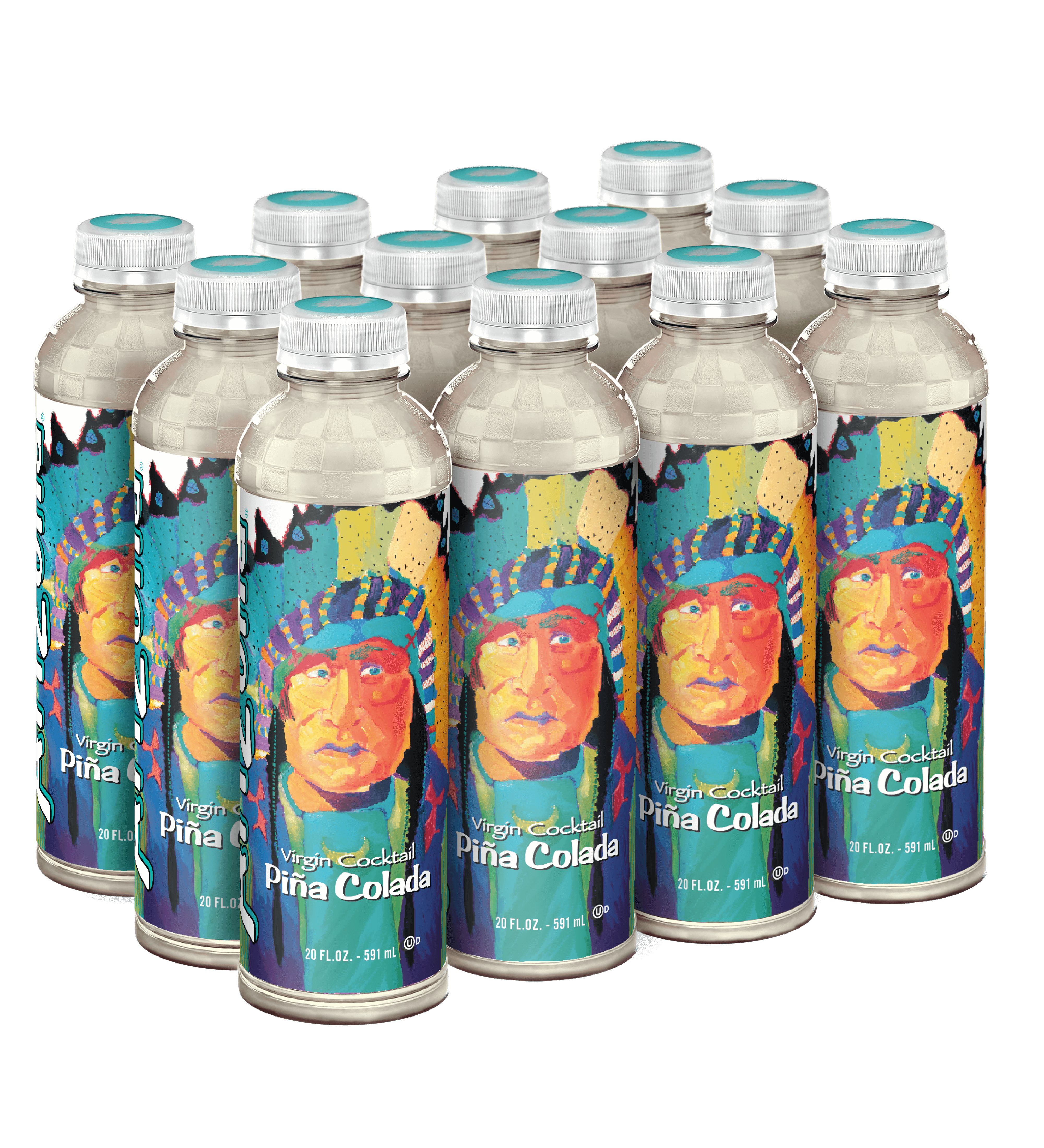 Multiple bottles of Virgin Pina Colada with colorful labels featuring a face design on a black background.