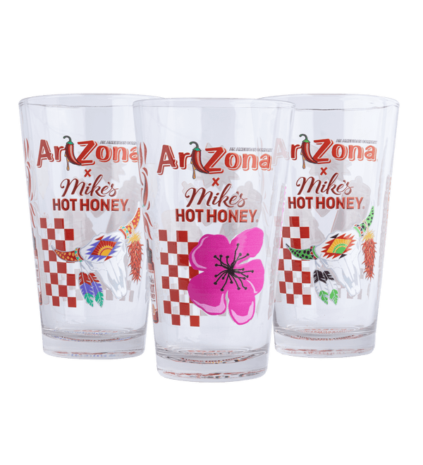 Three glass pint glasses with Arizona and Mike's Hot Honey branding 