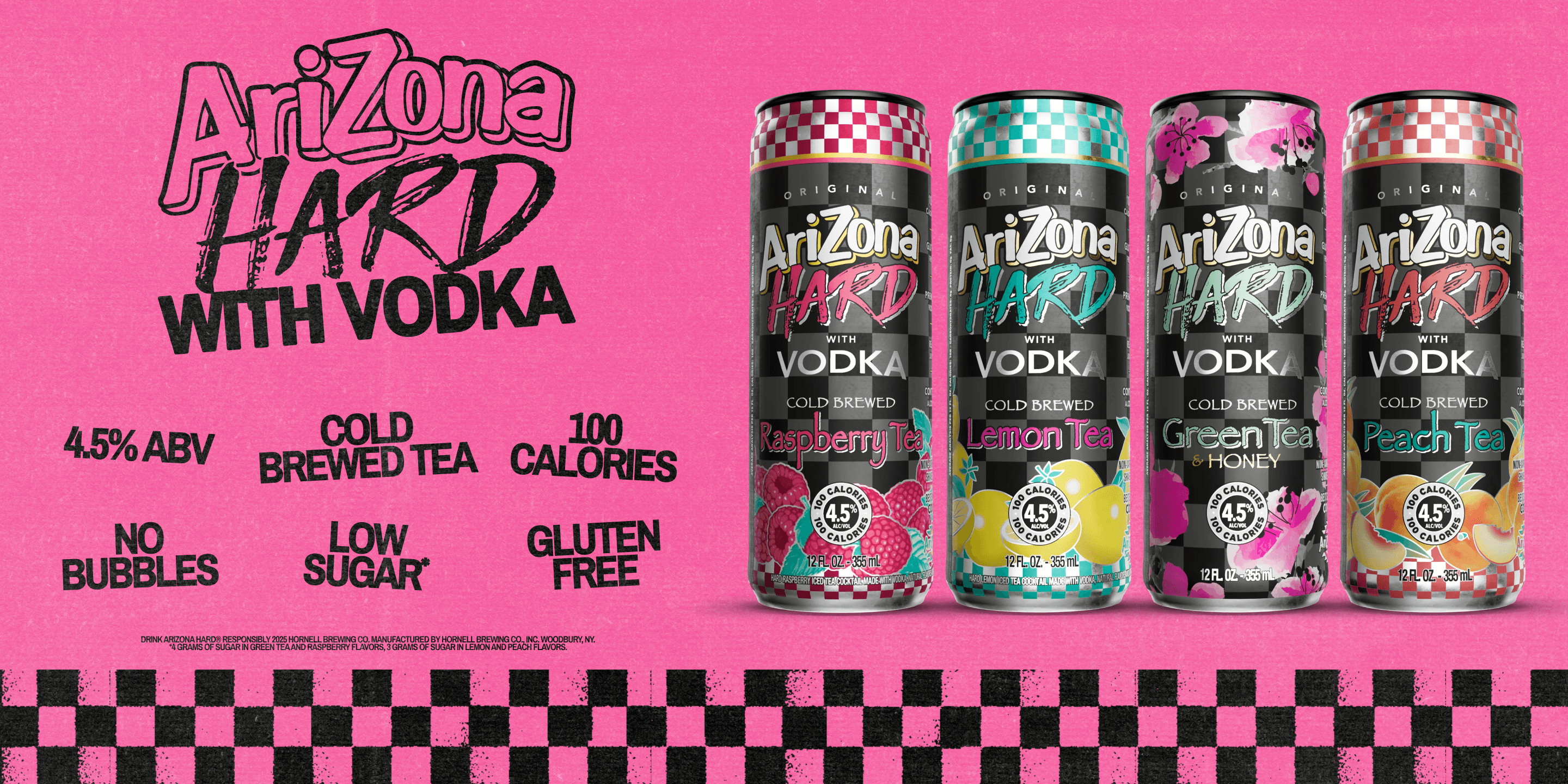 Five cans of Arizona Hard Vodka on a pink background with product details.