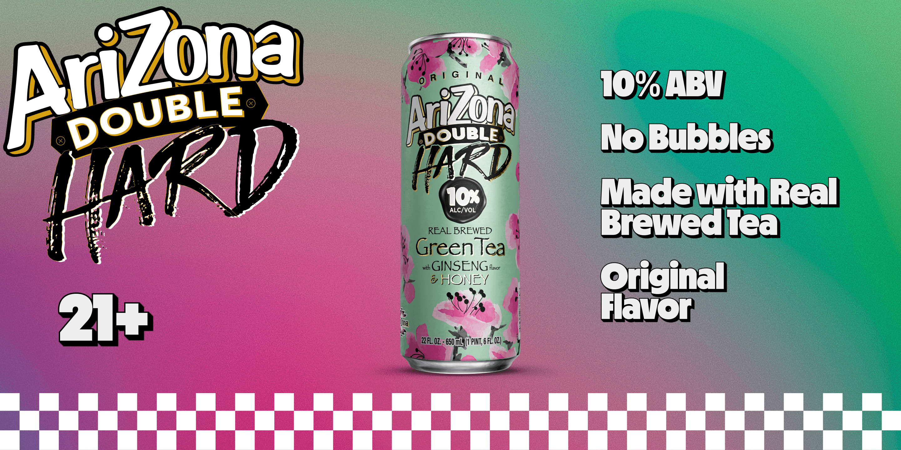 A single can of Arizona Double Hard 10% ABV Green Tea and Ginseng energy drink is centered on a pink-to-green gradient background with promotional text. The can has a mint green and pink floral design.
