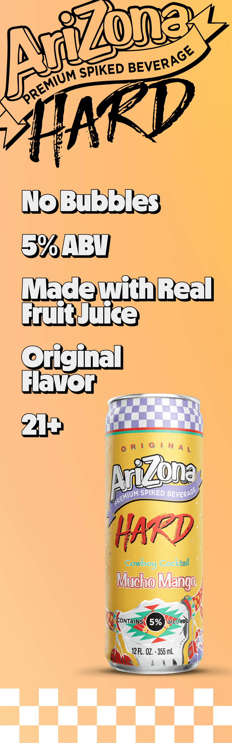 arizona hard mango promotional - no bubbles, 5% abv, made with real brewed tea, original flav, 21+ (vertical)