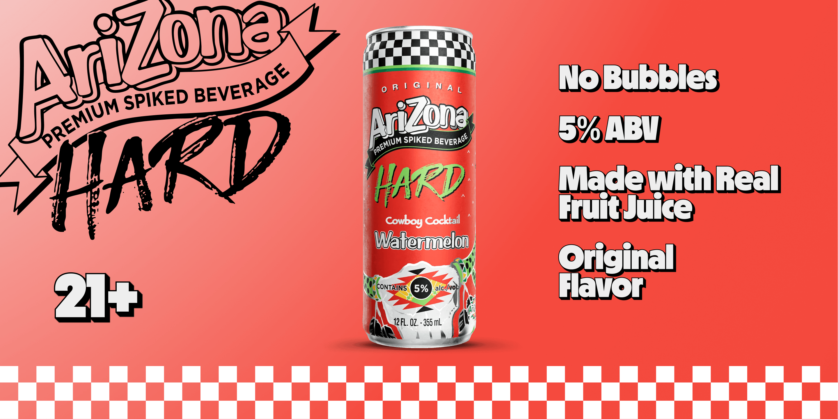 arizona hard watermelon promotional - no bubbles, 5% abv, made with real brewed tea, original flav, 21+