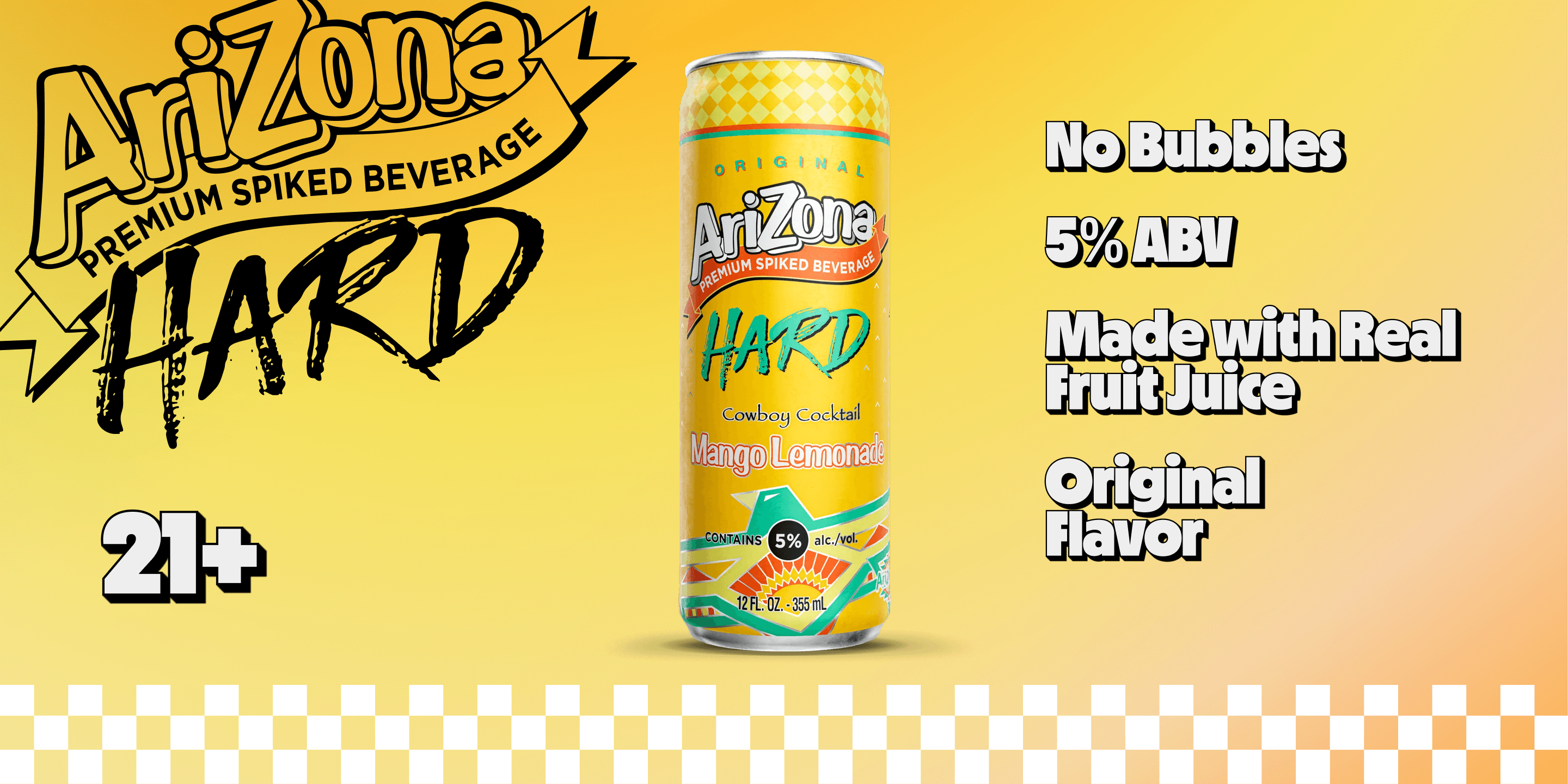 arizona hard mango lemonade promotional - no bubbles, 5% abv, made with real brewed tea, original flav, 21+