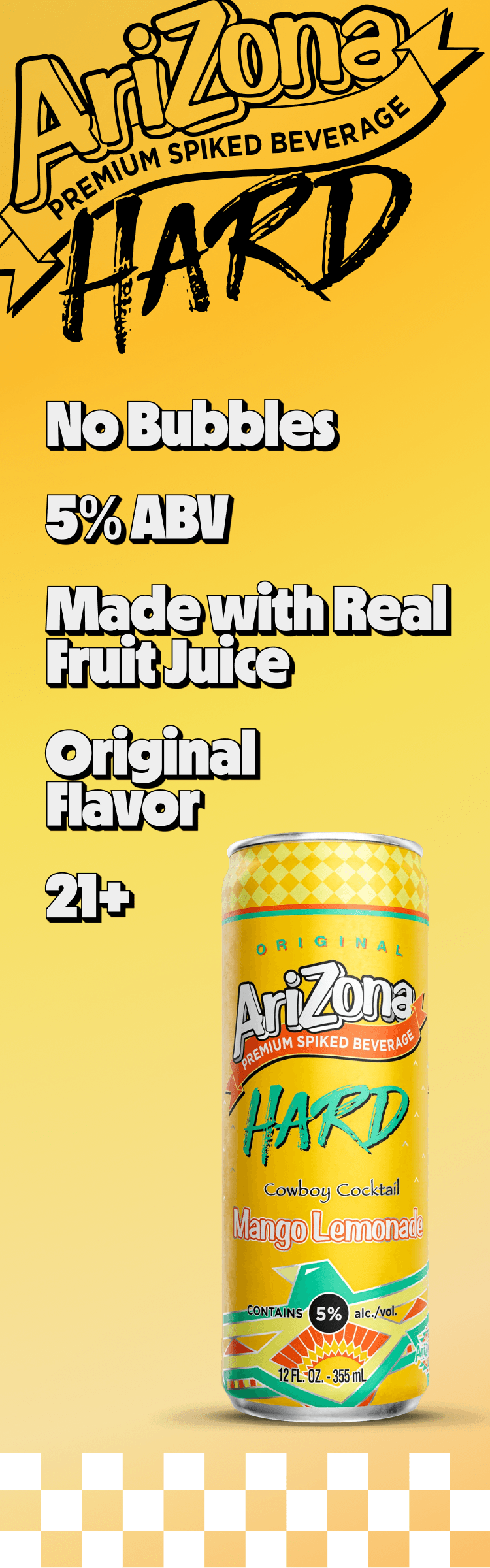 arizona hard mango lemonade promotional - no bubbles, 5% abv, made with real brewed tea, original flav, 21+