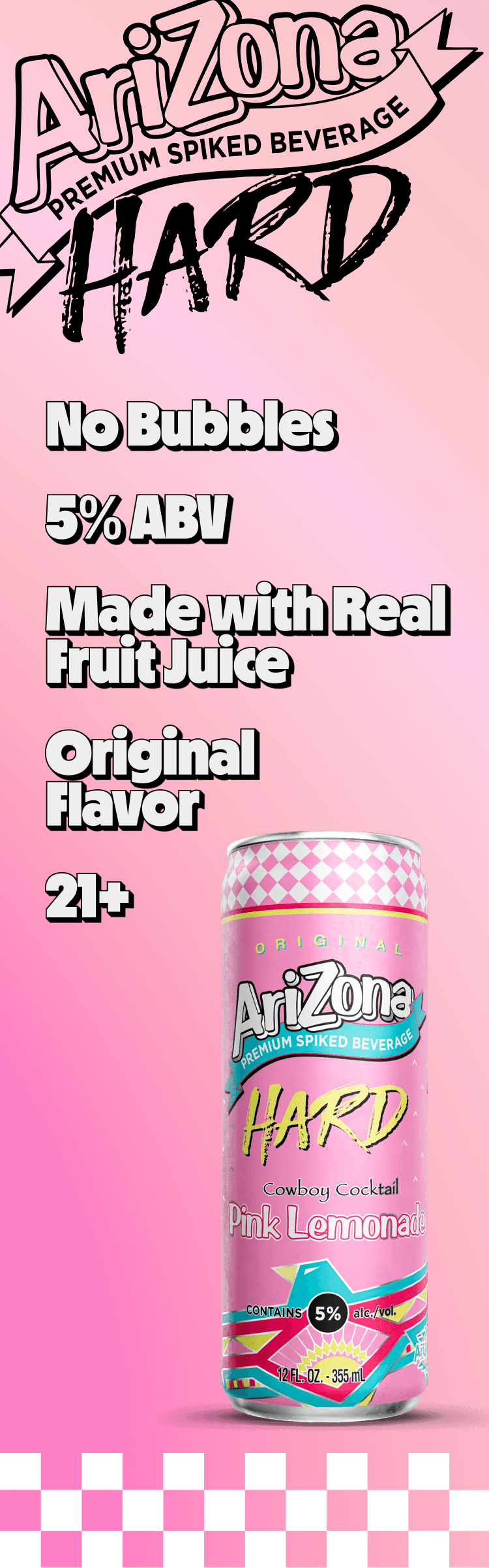 arizona hard pink lemonade promotional - no bubbles, 5% abv, made with real brewed tea, original flav, 21+ (vertical)