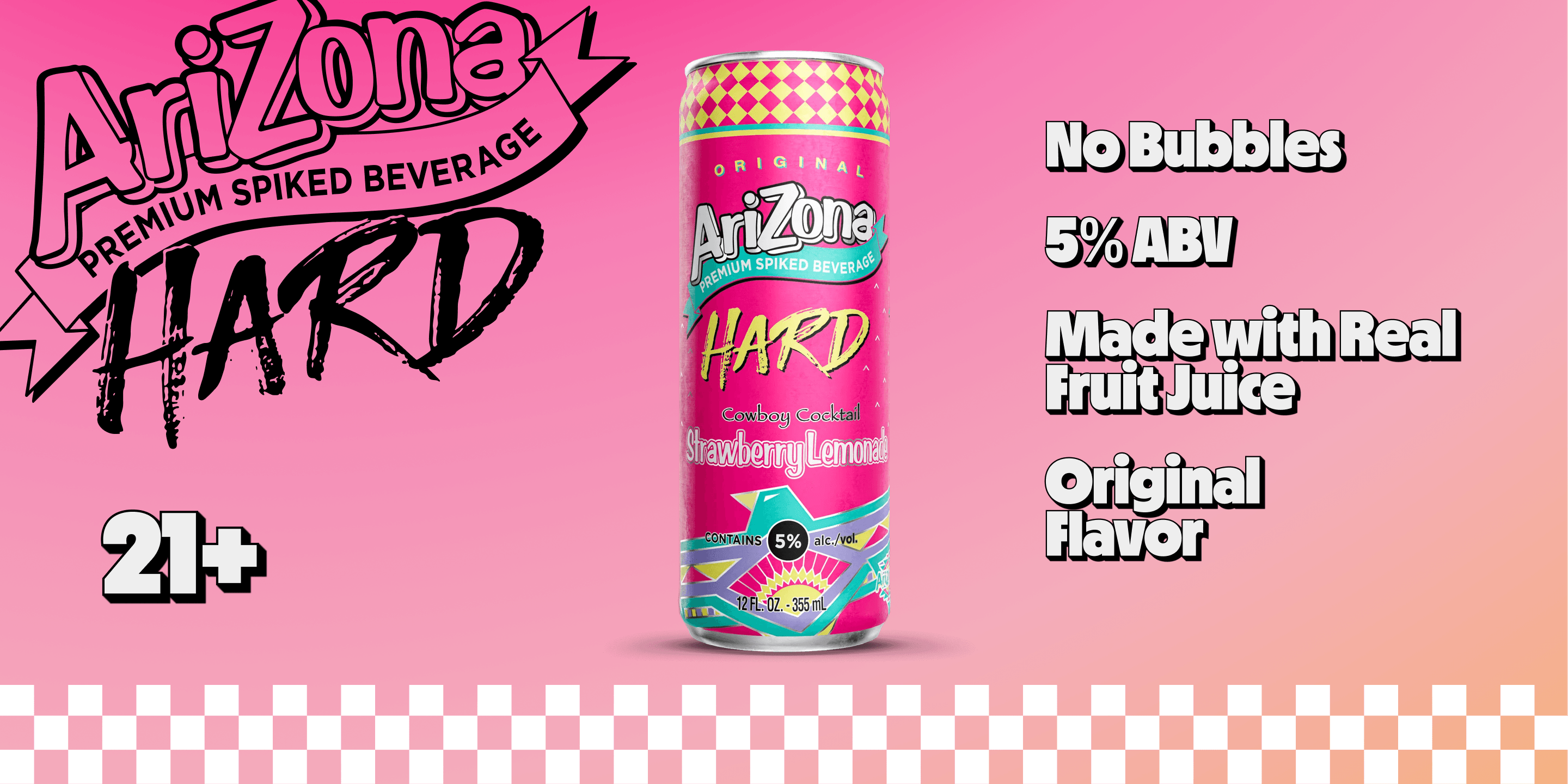 arizona hard strawb lemonade promotional - no bubbles, 5% abv, made with real brewed tea, original flav, 21+