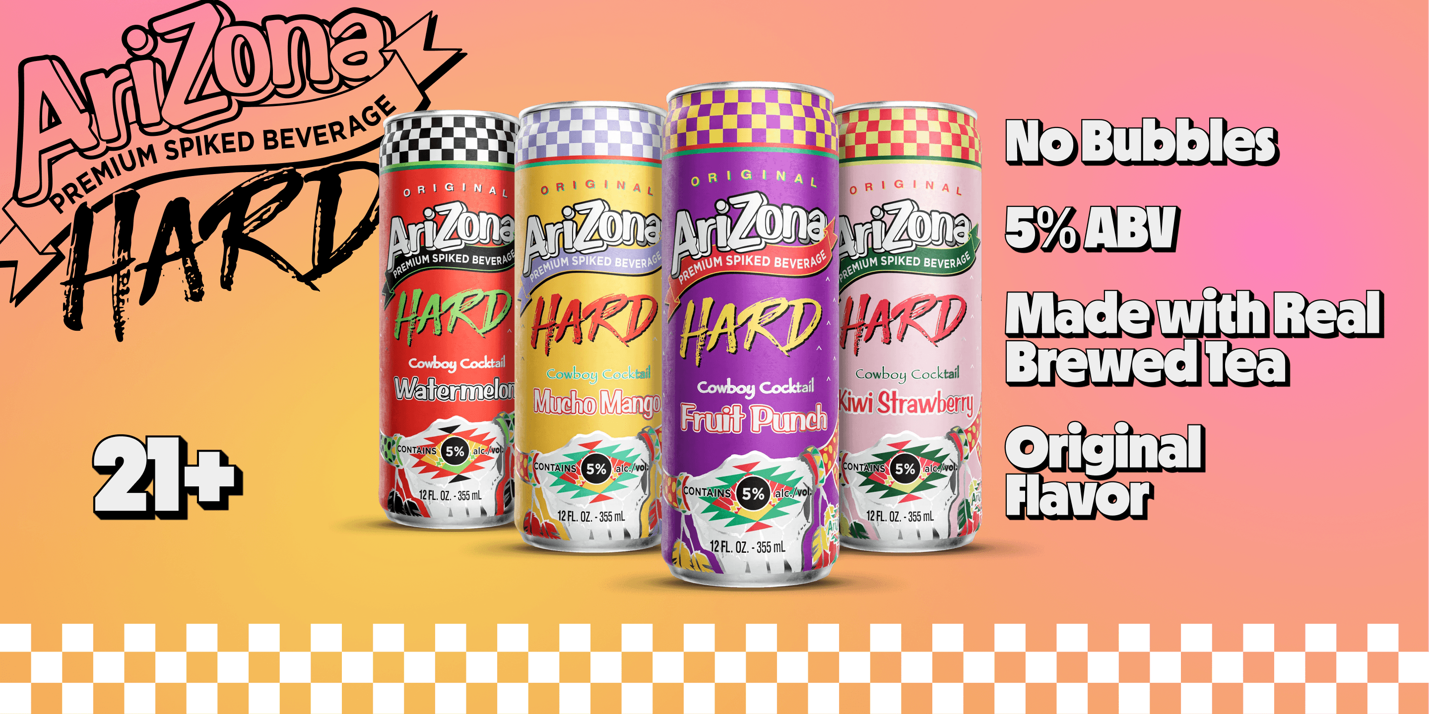 arizona hard juices promotional - no bubbles, 5% abv, made with real brewed tea, original flav, 21+
