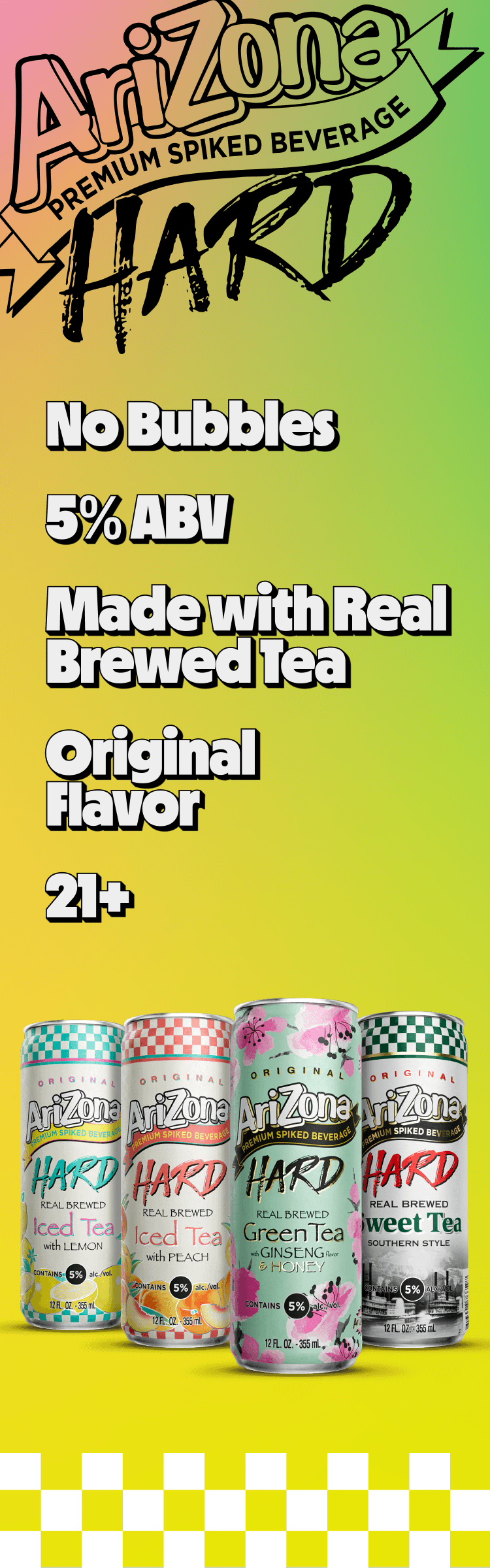 arizona hard teas promotional - no bubbles, 5% abv, made with real brewed tea, original flav, 21+ (vertical)