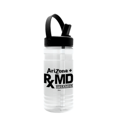 Clear water bottle with black lid and handle, featuring 'Arizona RX MD Hydration' text 