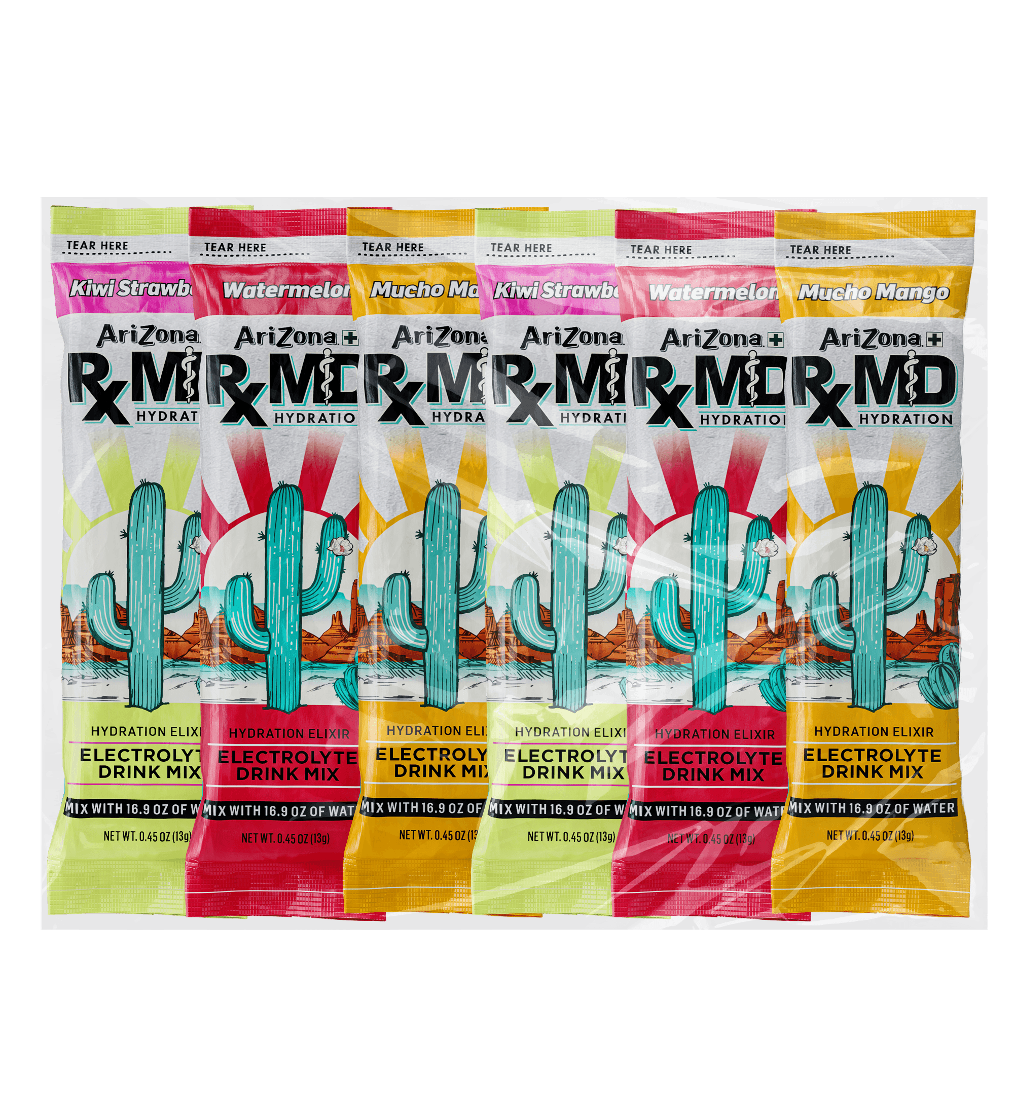 Arizona RXMD electrolyte drink mixes with colorful packaging.