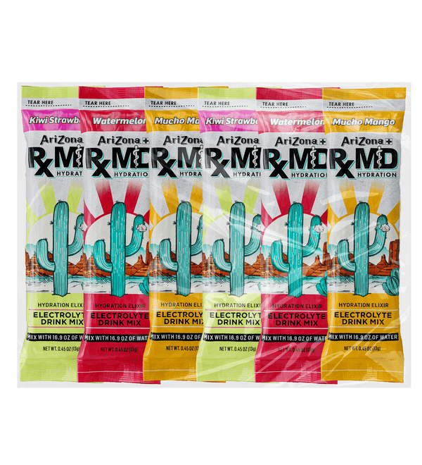 Arizona RXMD electrolyte drink mixes with colorful packaging.