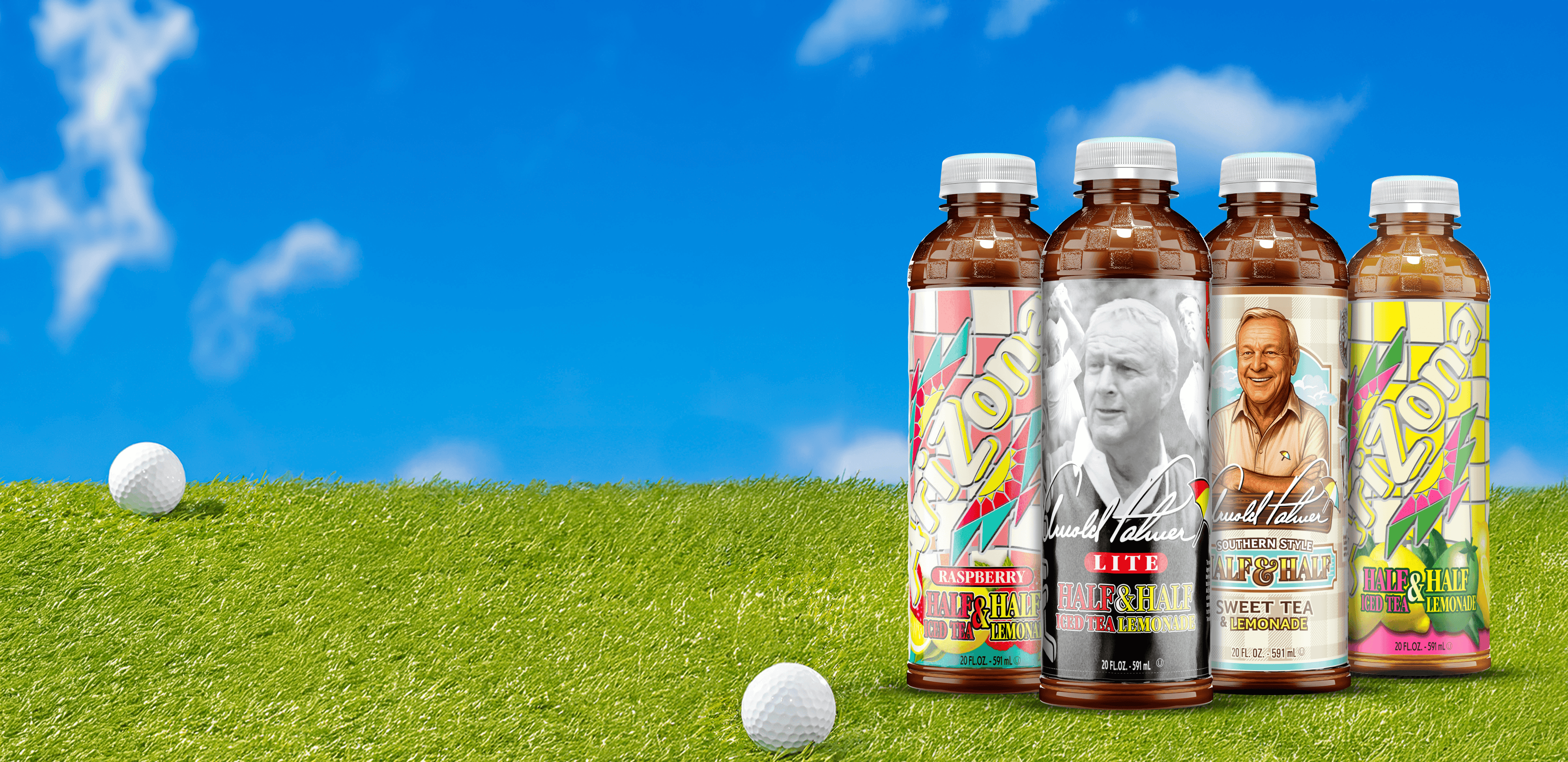 Four bottles of AriZona Bevergaes arranged on a grassy field under a blue sky with clouds. The bottles feature colorful labels with portraits of historical figures and the AriZona logo.