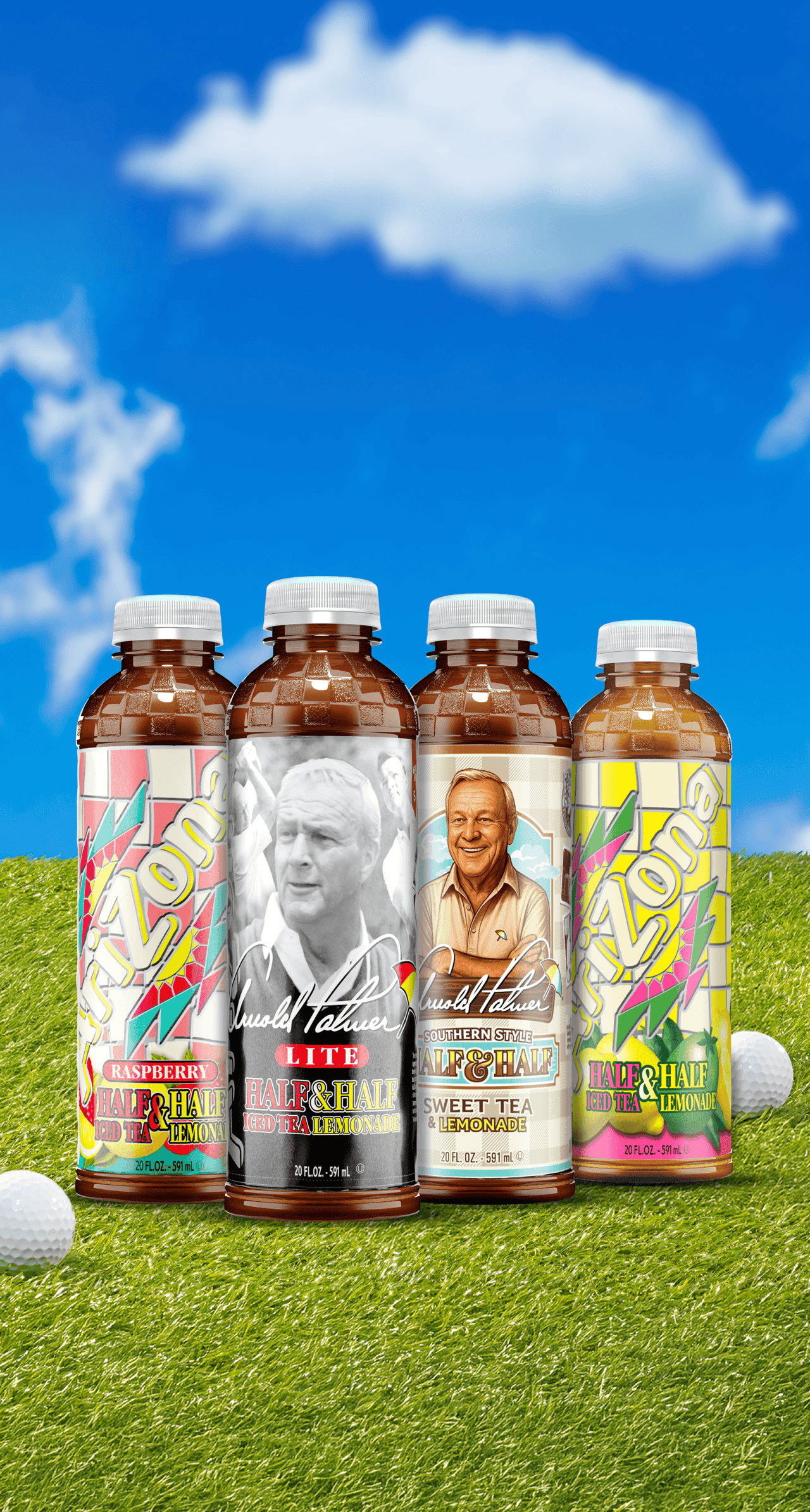 Four bottles of AriZona Beverages arranged on a green grass field with a blue sky and clouds background. Two bottles feature portraits of Arnold Palmer, and the labels are brightly colored with golf-themed graphics.