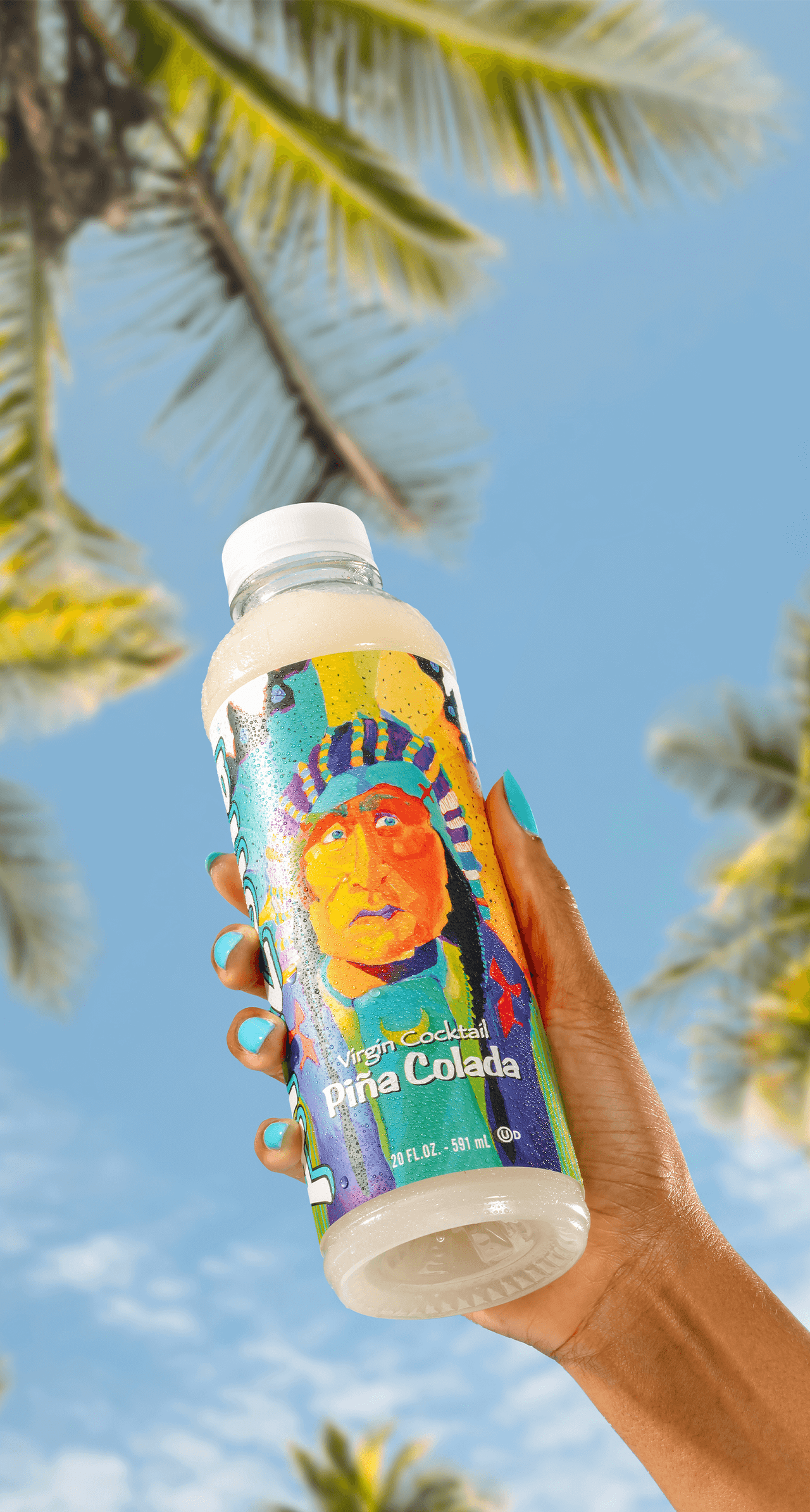 Pina Colada bottle held by a hand with palm trees in the background