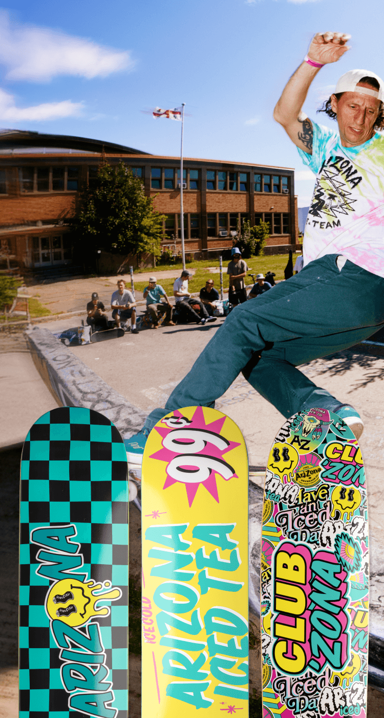 Three colorful skateboards with various designs against a blue sky.