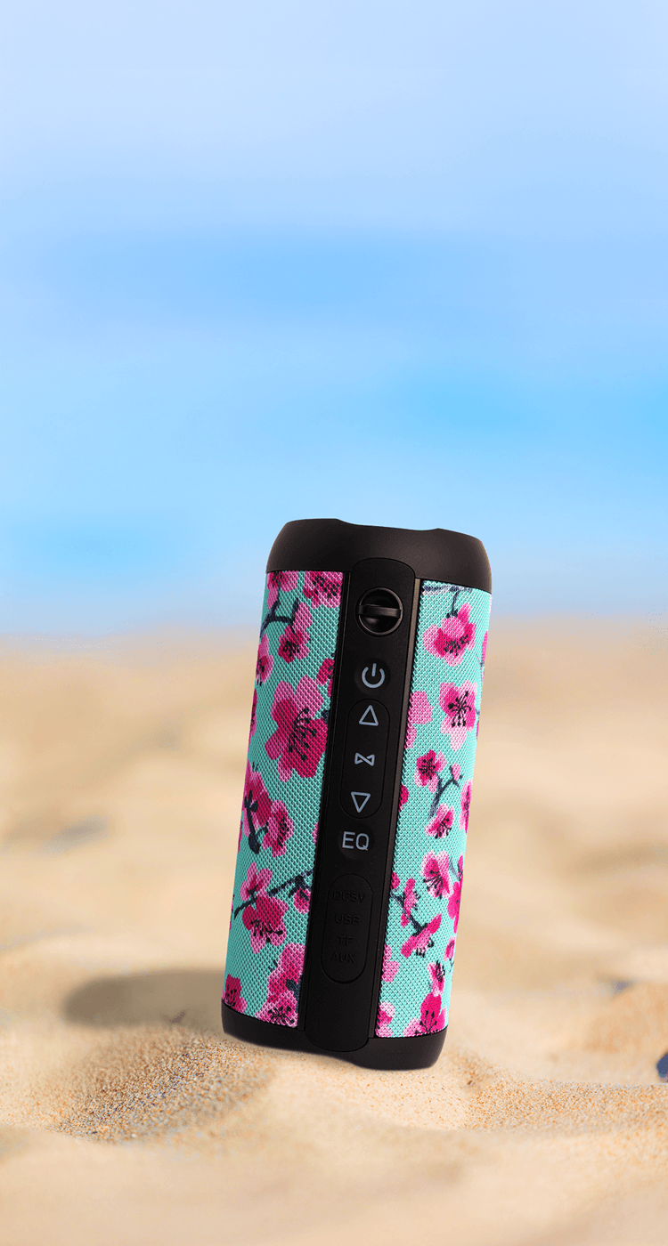 A portable rectangular speaker with a black top and bottom and a cherry Blossom, standing upright in sand with a blurred blue sky background.