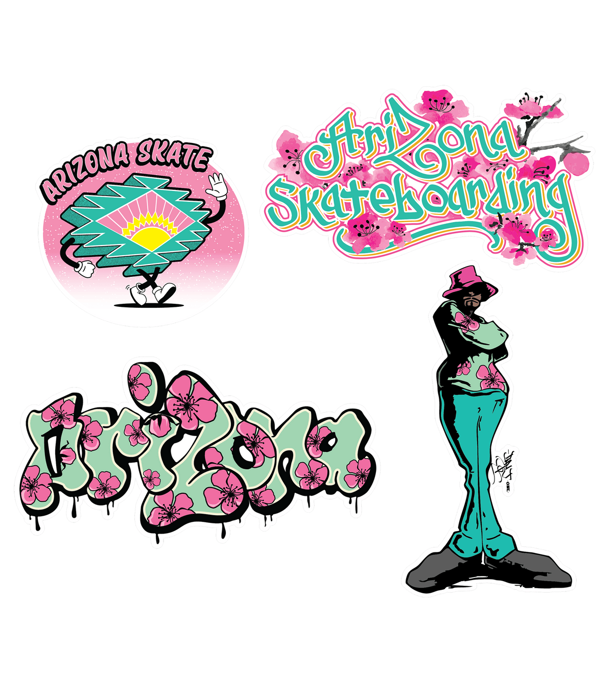 Set of Arizona skate-themed stickers with colorful graphics 
