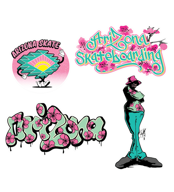 Set of Arizona skate-themed stickers with colorful graphics 