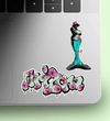 Laptop with a sticker of a person in a hat and green pants, and another sticker with pink flowers and text that reads "Arizona"