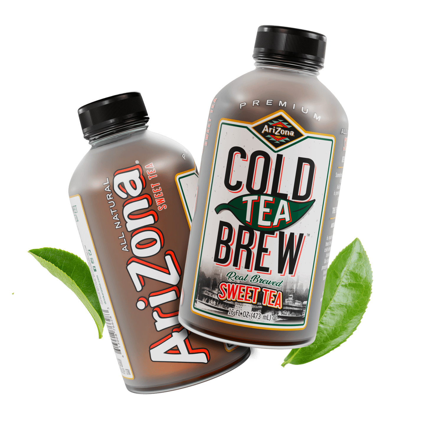 Two bottles of Arizona Cold Tea Brew Sweet Tea  with green leaves.