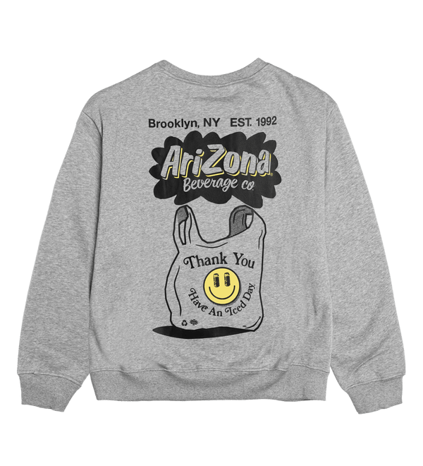 Gray sweatshirt with Arizona Beverage co branding and graphic design