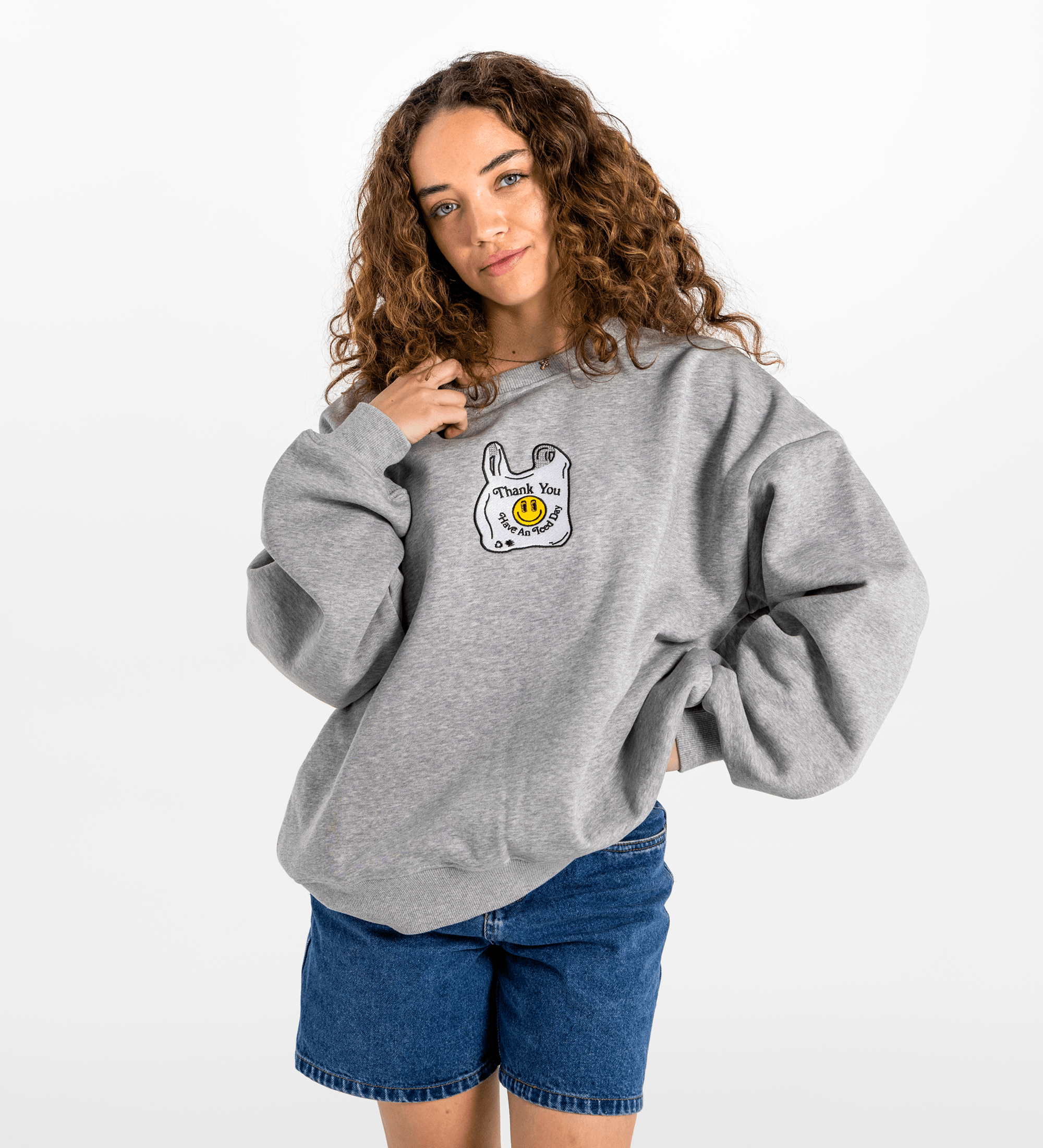 Gray Thank You Smiley Face Crewneck Sweatshirt