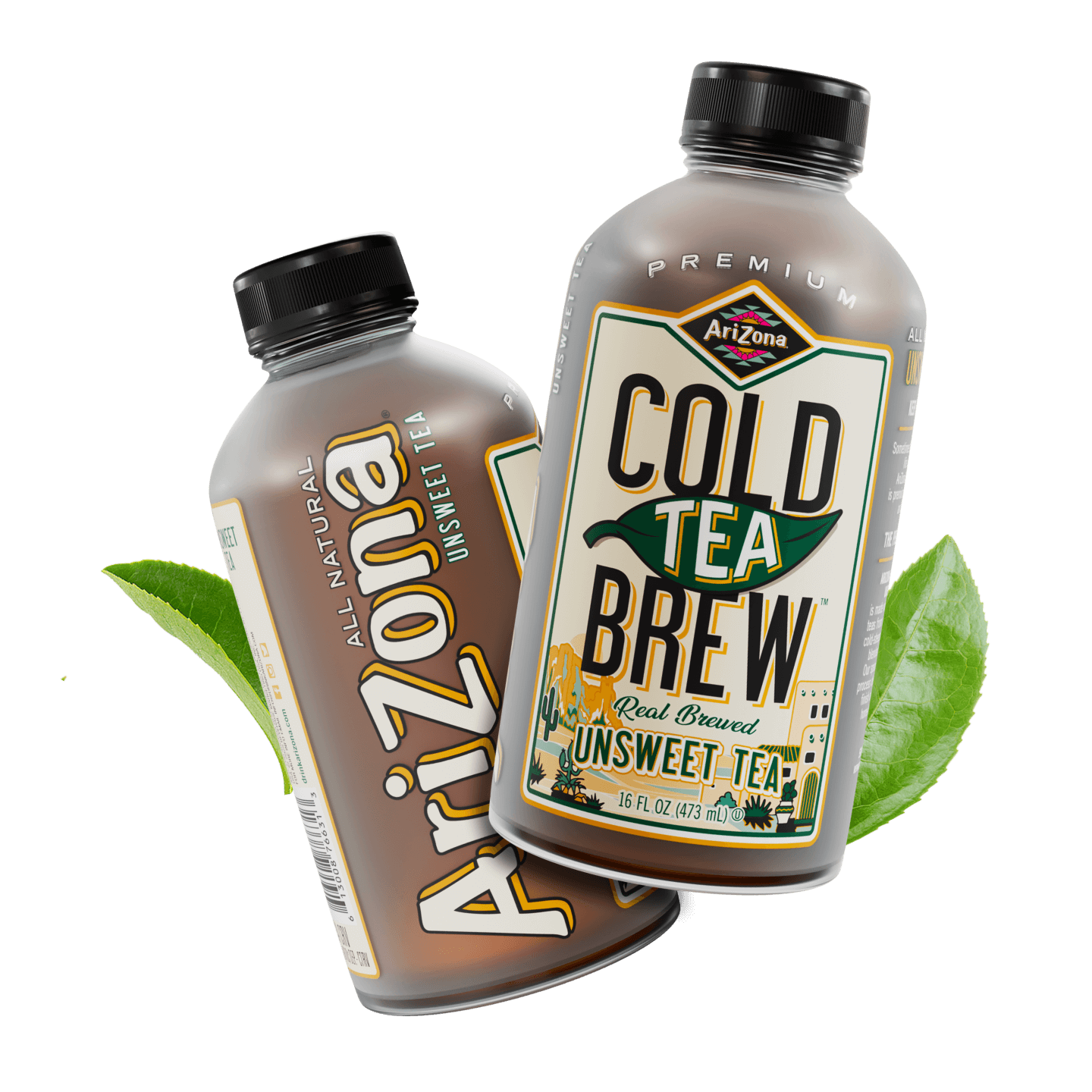Two bottles of Arizona un sweet Cold Tea Brew with green leaves.