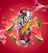 A can of Arizona Hot Wheels Watermelon Drizzle soda is shown floating in mid-air against a vibrant red background, surrounded by dynamic water splashes and fresh watermelon slices. The can features the Arizona Hot Wheels logo and a red classic car graphic.