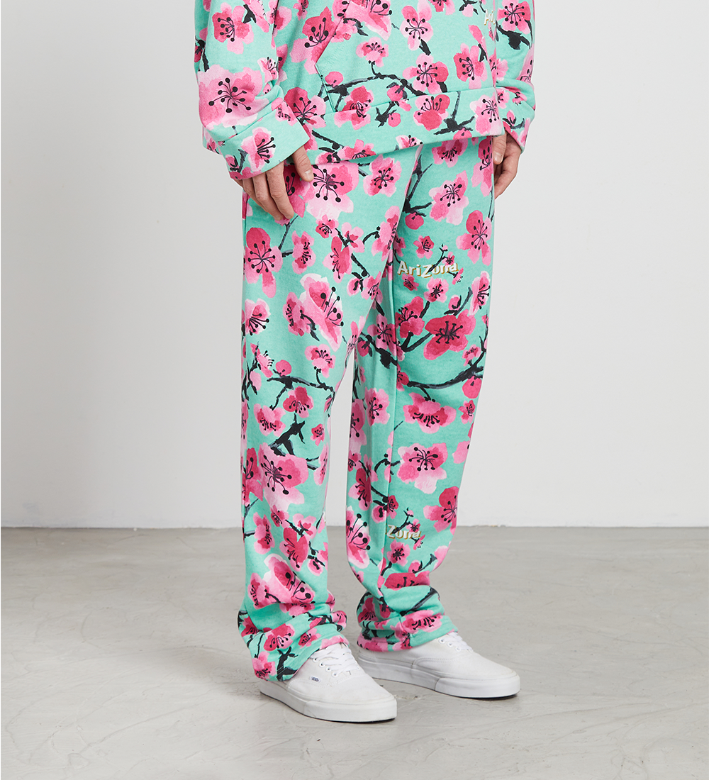Teal & Pink Cherry Blossom Cotton Sweatpants