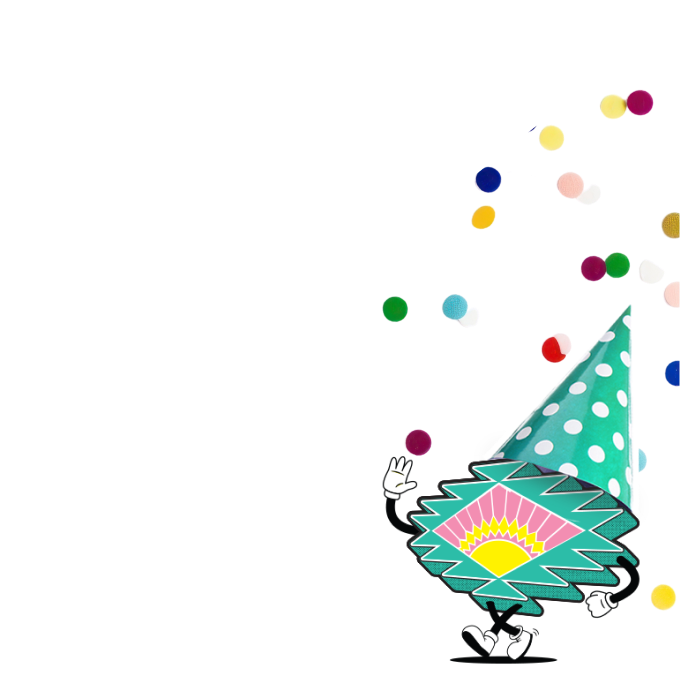 Cartoon character with a green hat and colorful confetti on a white background