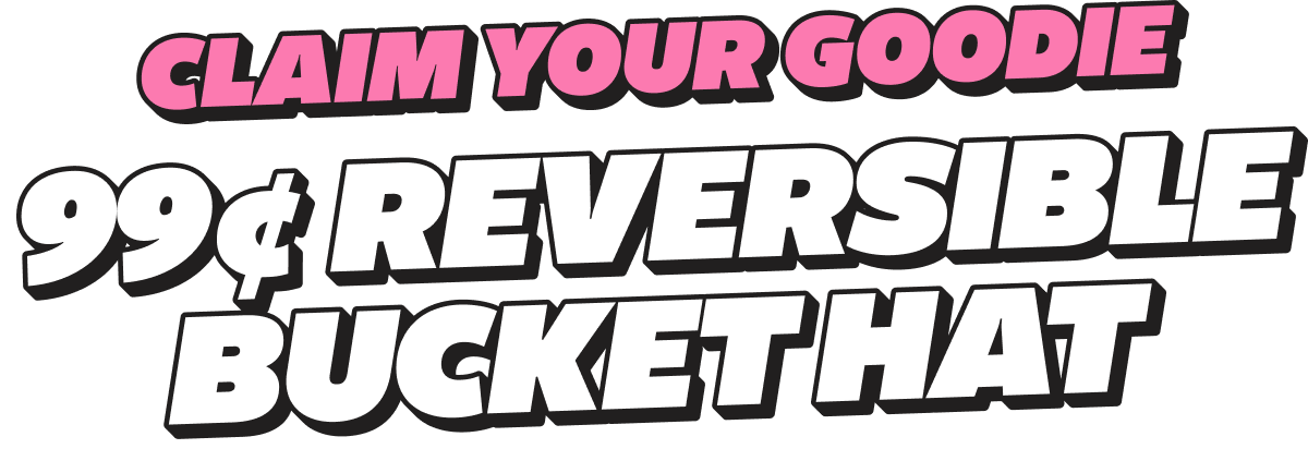 Promotional text for a reversible bucket hat with a price tag, on a white background.