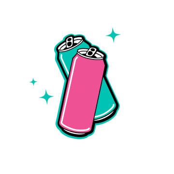 A stylized graphic illustration of two overlapping AriZona cans, one pink and one teal, with small starburst sparkles on a plain white background.