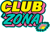 A colorful graphic logo reading CLUB ZONA in bold yellow, pink, blue, and black lettering with a small sunburst and flower icon in the lower right, on a black background.