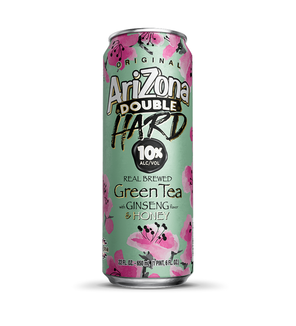 A 12 fl oz can of Arizona Double Hard Green Tea with Ginseng and Honey beverage, featuring a mint green label with pink hibiscus flowers and bold white and black text.