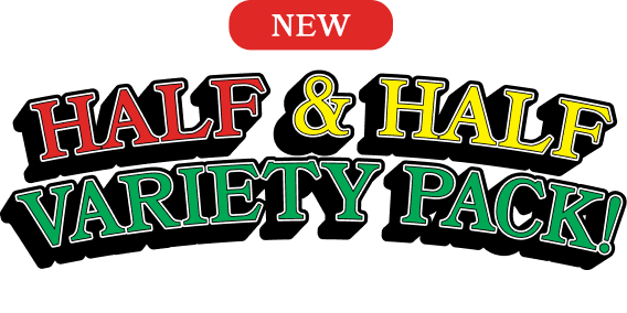 Promotional graphic reading 'NEW HALF & HALF VARIETY PACK!' in large stylized red, yellow, and green lettering with black outlines on a white background.