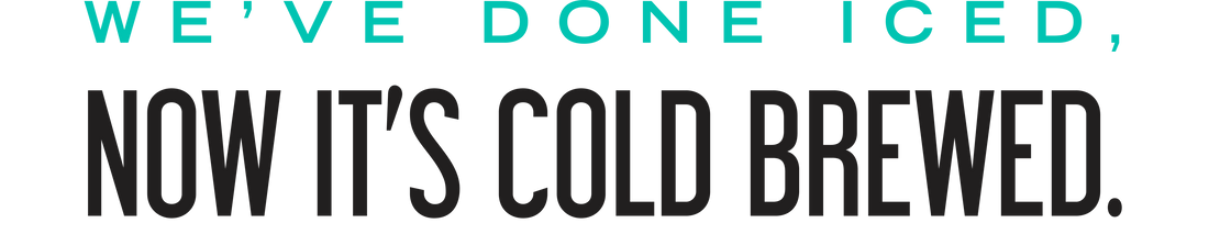 Text overlay on a black background with promotional message about iced and cold-brewed beverages.